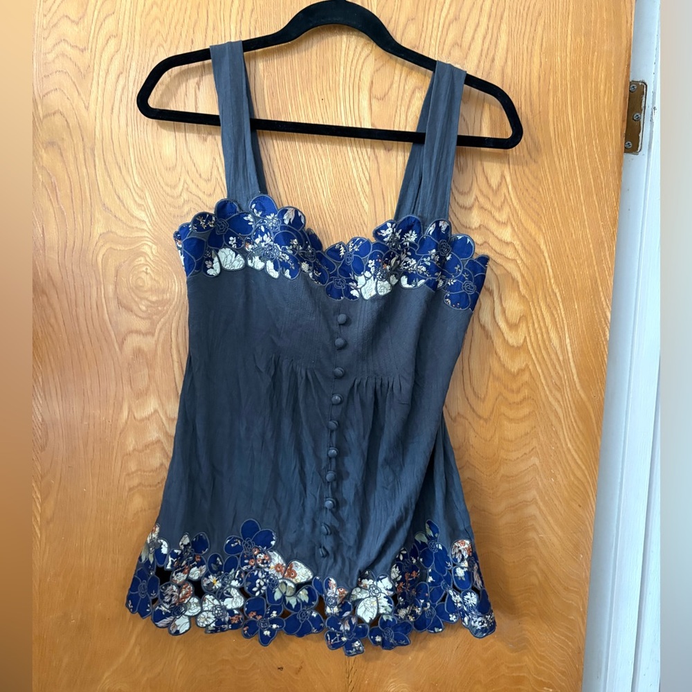 Anthropologie Little Yellow Button Charcoal Gray Tank Top with Blue Floral Trim